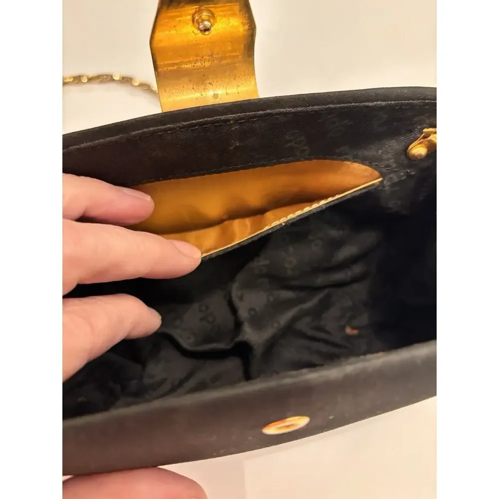 RODO Italy Satin Black Hard Shell Gold Chain Handbag Clutch Rhinestone Clasp EUC